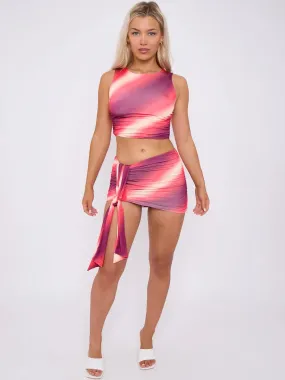 Red Tie-Dye Print Ruched Crop Top & Sash Mini Skirt Co-ord