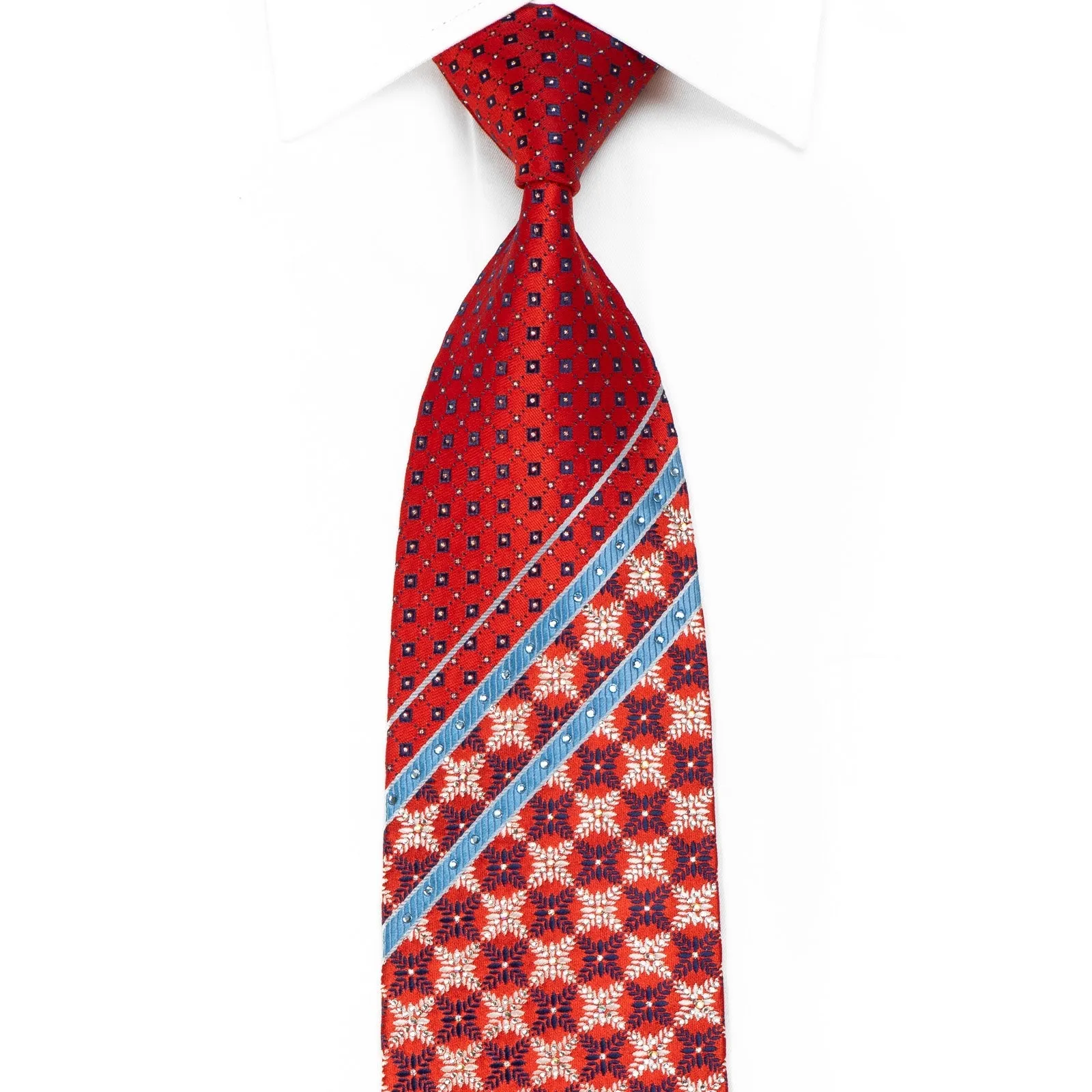 Renoma Men's Crystal Silk Necktie Blue Stripes & Geometric On Red With Silver Sparkles