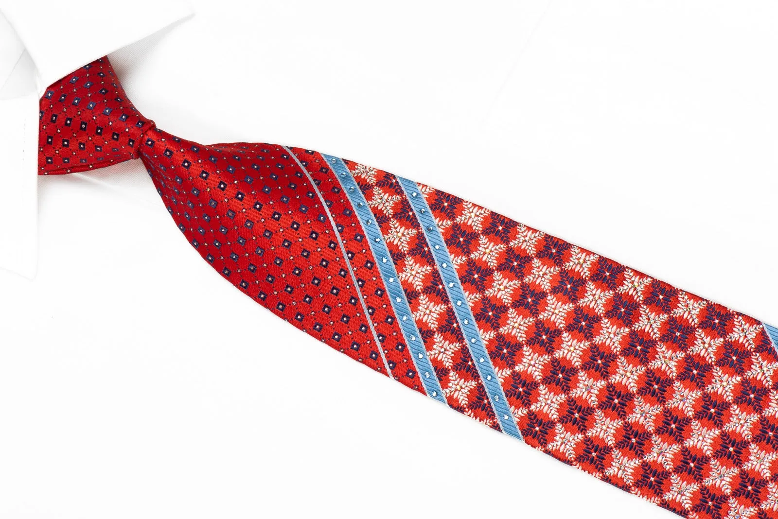 Renoma Men's Crystal Silk Necktie Blue Stripes & Geometric On Red With Silver Sparkles