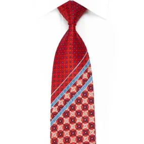Renoma Men's Crystal Silk Necktie Blue Stripes & Geometric On Red With Silver Sparkles