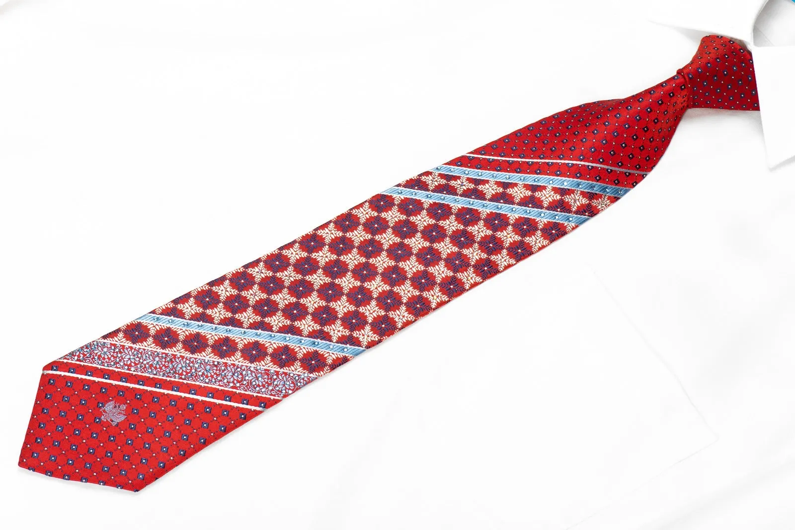 Renoma Men's Crystal Silk Necktie Blue Stripes & Geometric On Red With Silver Sparkles