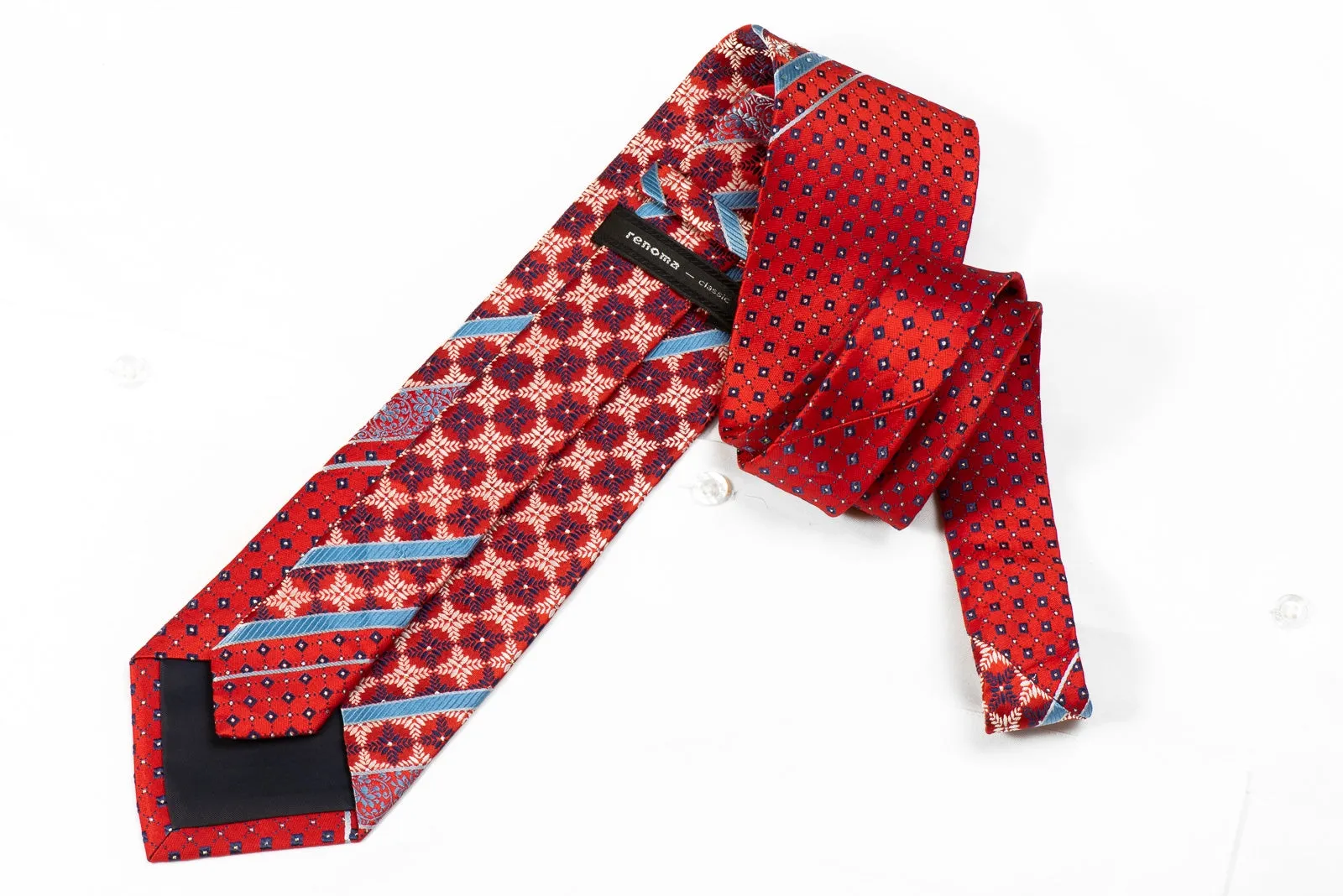 Renoma Men's Crystal Silk Necktie Blue Stripes & Geometric On Red With Silver Sparkles