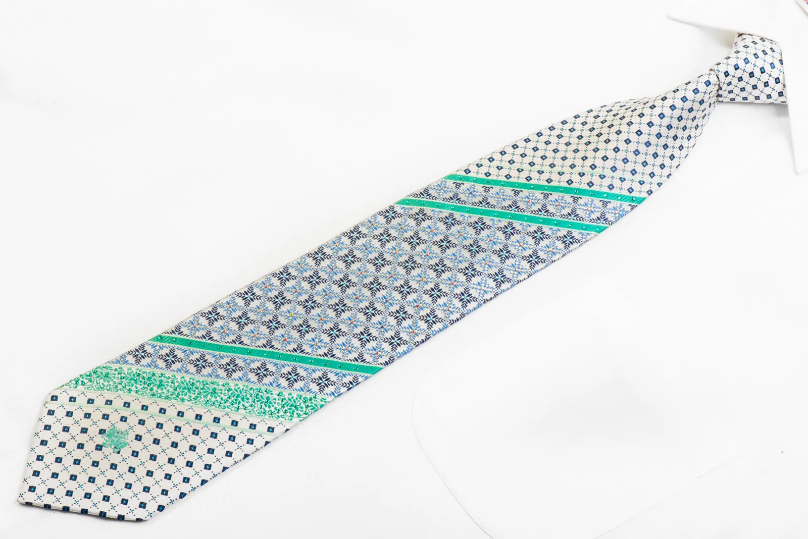 Renoma Rhinestone Silk Tie Teal Blue Striped Cartouche On Silver With Sparkles