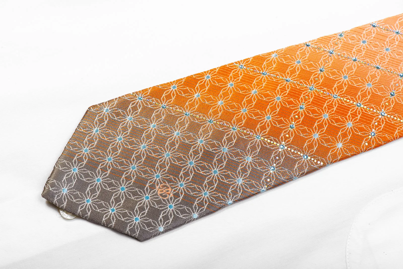 Renoma Rhinestone Tie Silver Trellis On Peach Orange
