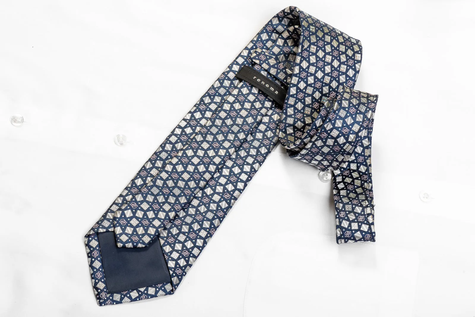 Renoma Silk Rhinestone Tie Silver Geometric Squares On Navy With Sparkles