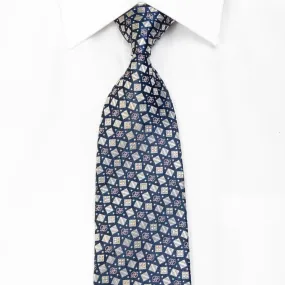Renoma Silk Rhinestone Tie Silver Geometric Squares On Navy With Sparkles