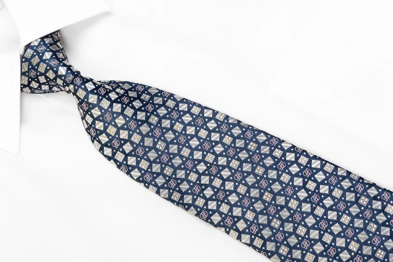Renoma Silk Rhinestone Tie Silver Geometric Squares On Navy With Sparkles