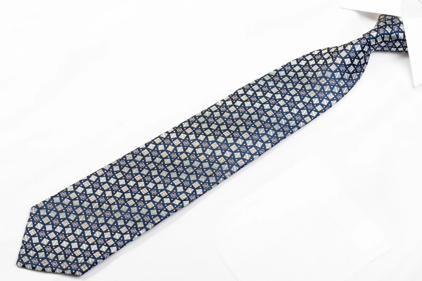 Renoma Silk Rhinestone Tie Silver Geometric Squares On Navy With Sparkles