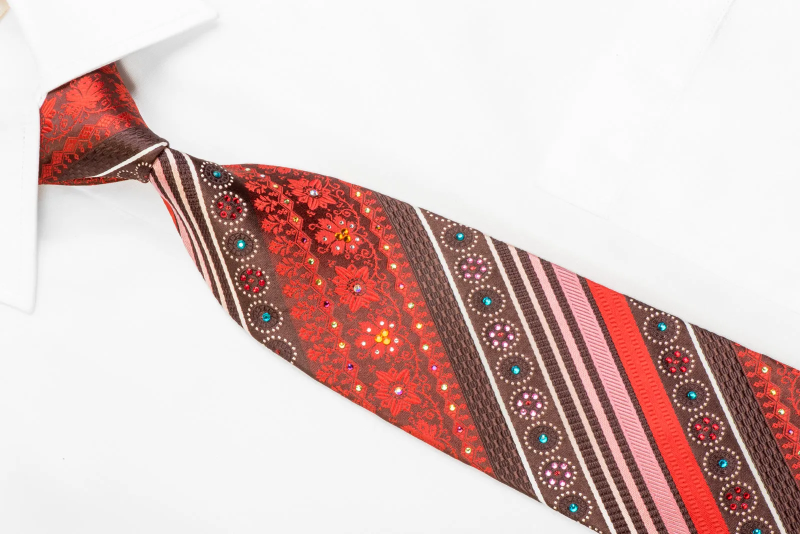 Rhinestone Silk Tie Orange Striped Cartouche On Brown With Sparkles