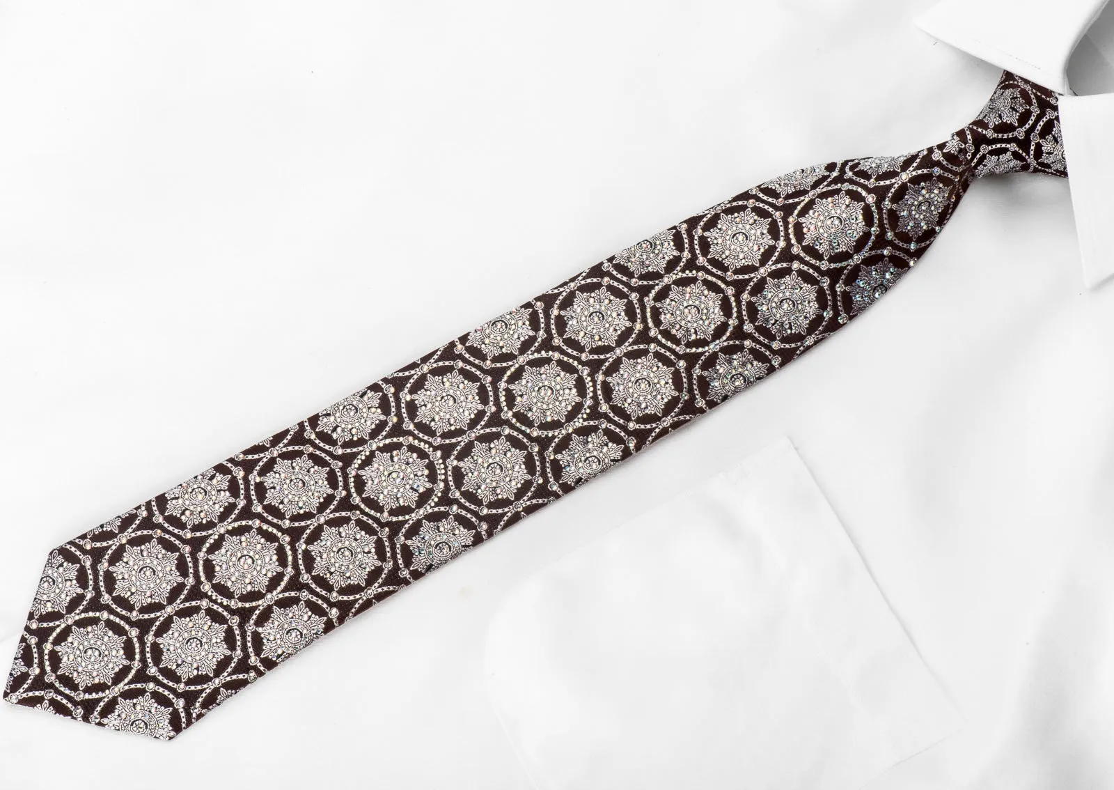 Roberta di Camerino Men's Crystal Necktie Silver Medallions On Brown Silk With Silver Sparkles