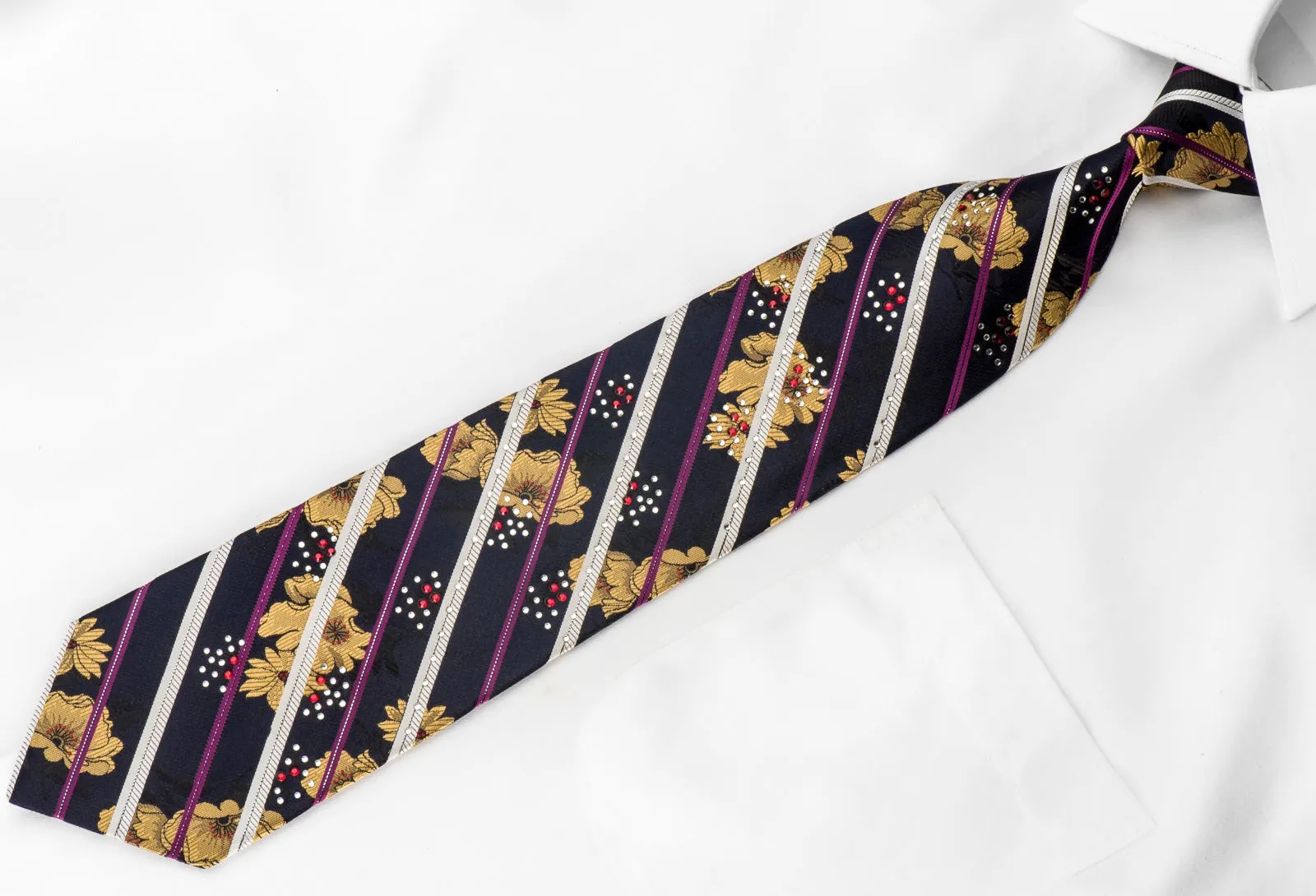 Rogers Dail Men's Crystal Tie Floral Striped On Navy Silk With Silver Sparkles