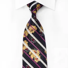 Rogers Dail Men's Crystal Tie Floral Striped On Navy Silk With Silver Sparkles