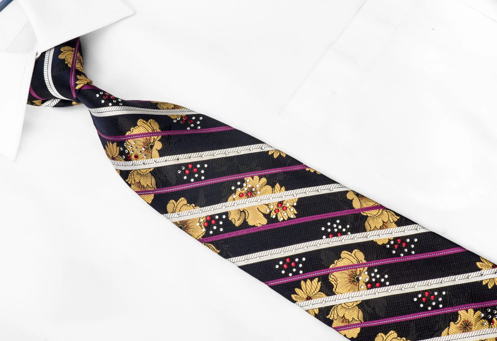 Rogers Dail Men's Crystal Tie Floral Striped On Navy Silk With Silver Sparkles