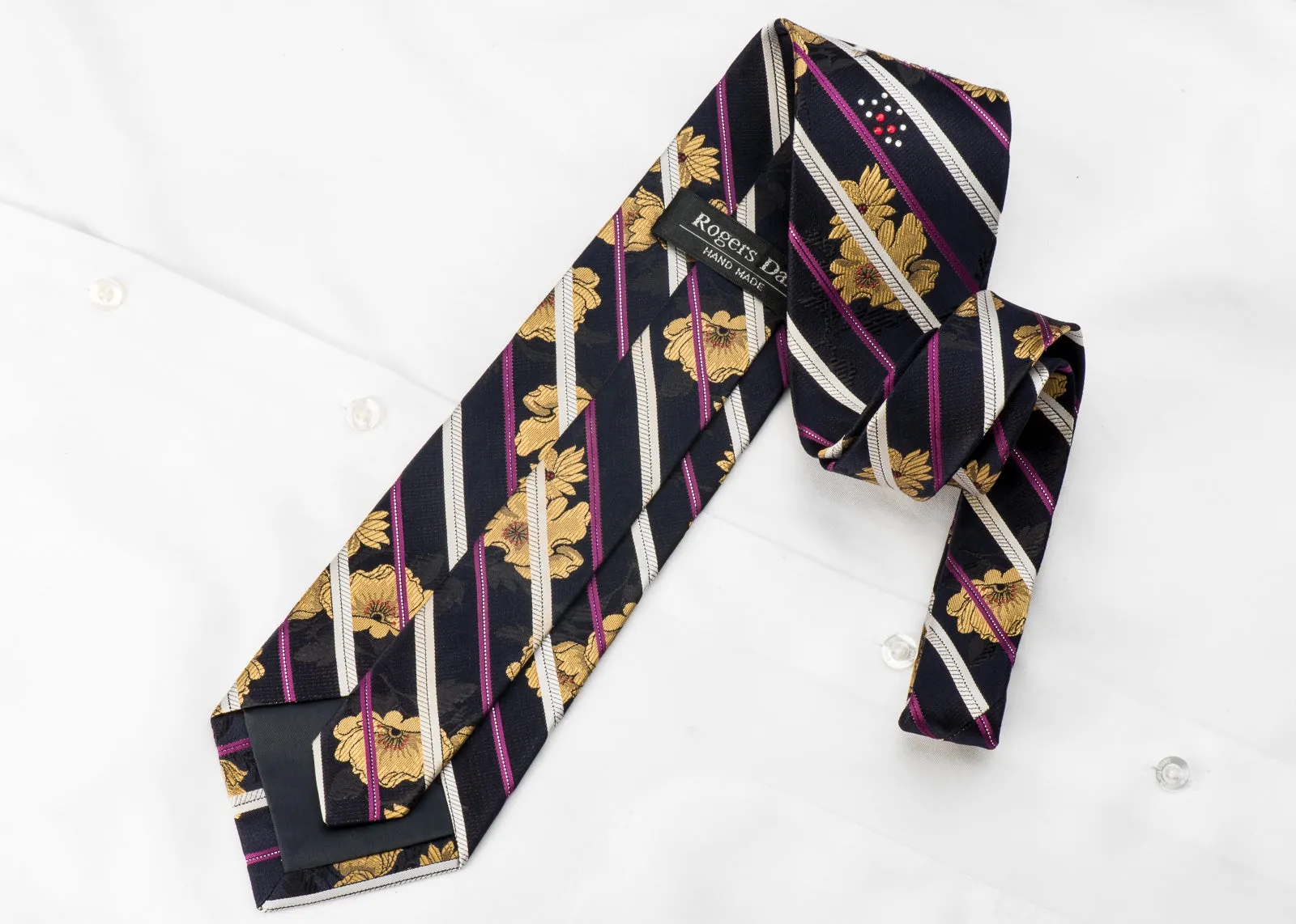 Rogers Dail Men's Crystal Tie Floral Striped On Navy Silk With Silver Sparkles