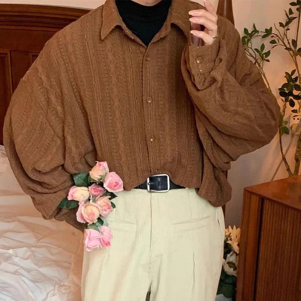 Shirts For Men Apricot Handsome Lapel Men Blouse Vacation Hollow Out Sexy Fashion Men Clothing Male Mesh Long-sleeved Shirts
