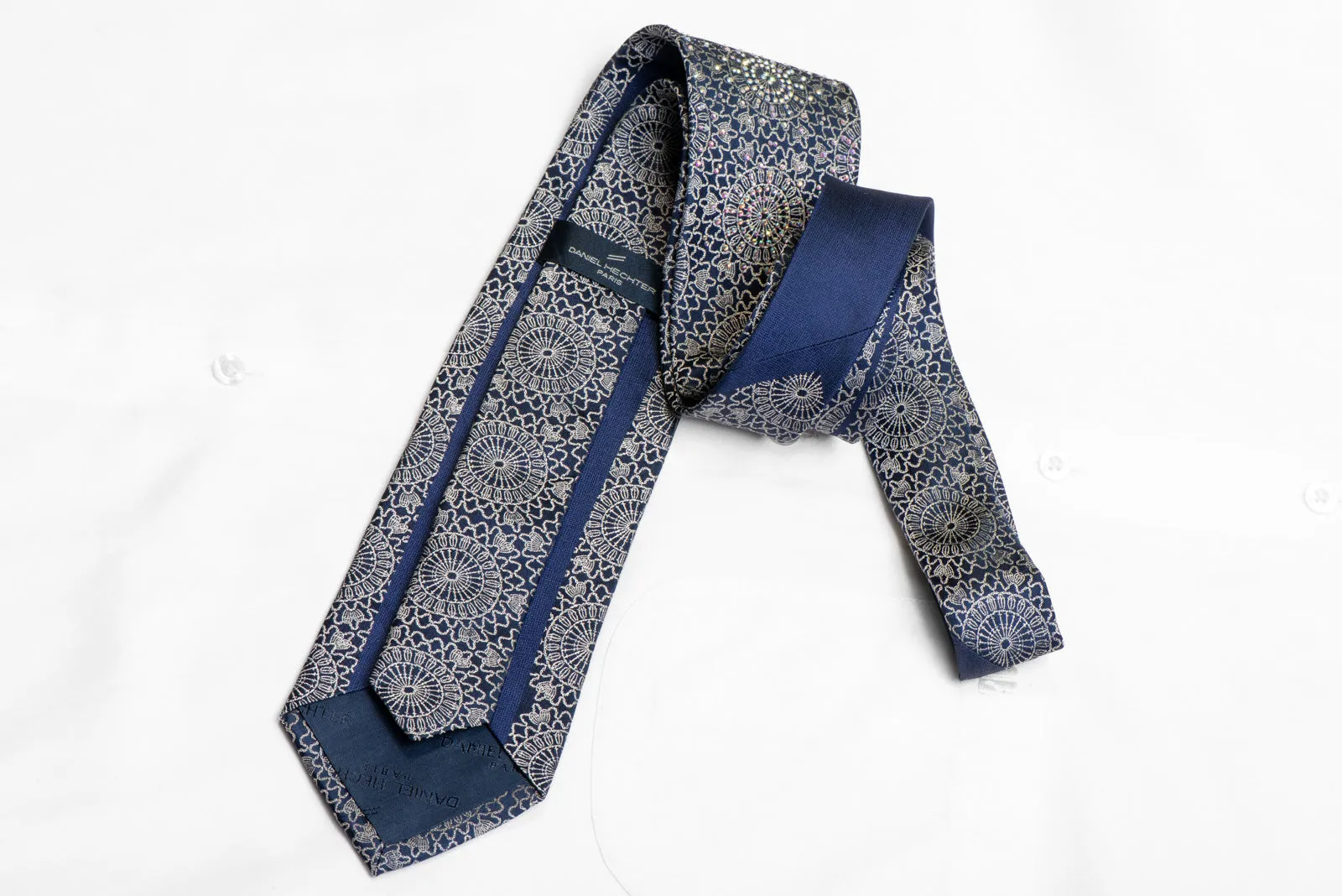 Silver Marrakesh On Navy Blue Crystal Rhinestone Silk Necktie
