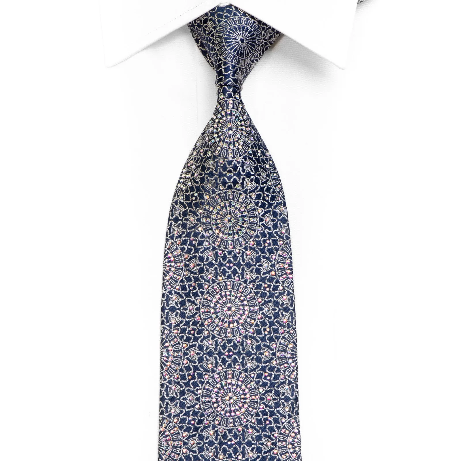 Silver Marrakesh On Navy Blue Crystal Rhinestone Silk Necktie