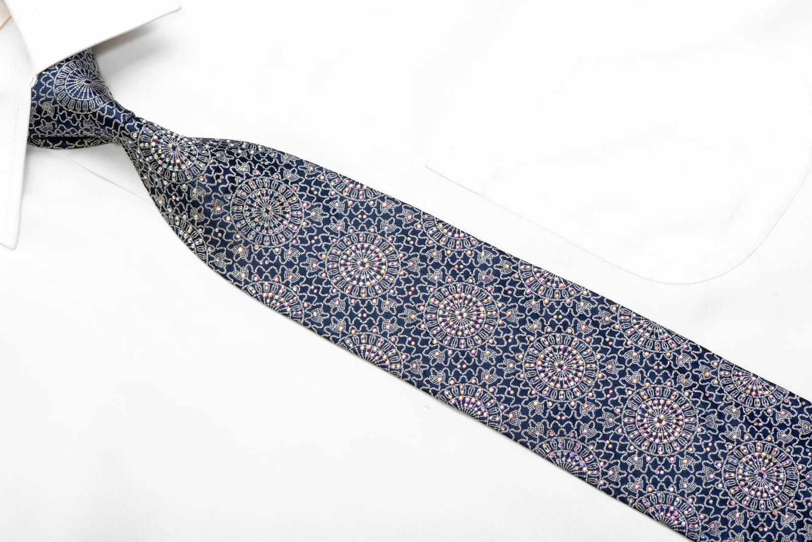 Silver Marrakesh On Navy Blue Crystal Rhinestone Silk Necktie