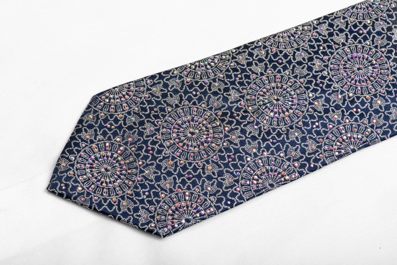 Silver Marrakesh On Navy Blue Crystal Rhinestone Silk Necktie