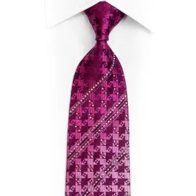 Silver Purple Checkered Rhinestone Silk Necktie Withy Silver Sparkles