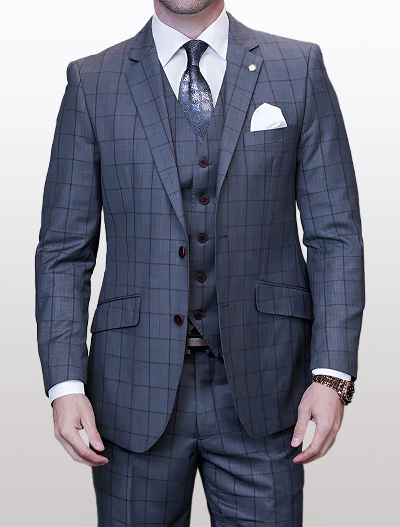Statement Men's Charcoal and Burgundy Windowpane 100% Wool Vested Suit