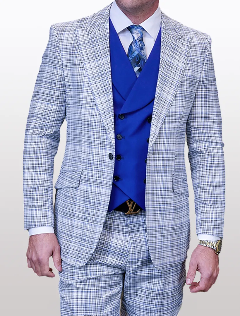 Statement Men's White and Royal Blue Graphic 100% Wool Vested Suit