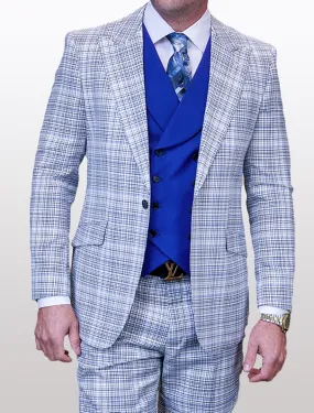 Statement Men's White and Royal Blue Graphic 100% Wool Vested Suit