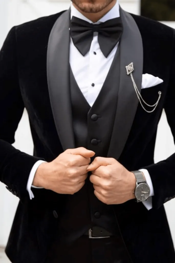 Three Piece Black Velvet Tuxedo Mens Suit for Wedding, Engagement, Prom, Groom wear and Groomsmen Suit