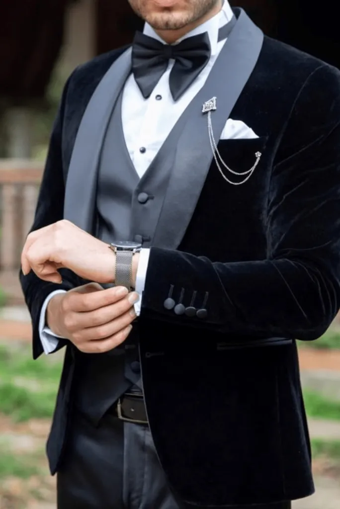 Three Piece Black Velvet Tuxedo Mens Suit for Wedding, Engagement, Prom, Groom wear and Groomsmen Suit