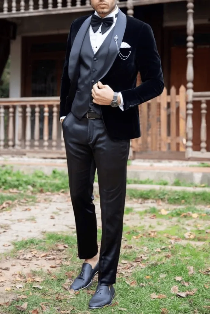 Three Piece Black Velvet Tuxedo Mens Suit for Wedding, Engagement, Prom, Groom wear and Groomsmen Suit