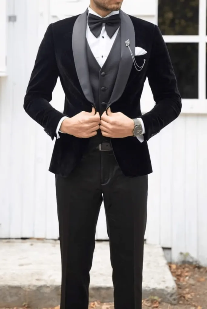 Three Piece Black Velvet Tuxedo Mens Suit for Wedding, Engagement, Prom, Groom wear and Groomsmen Suit