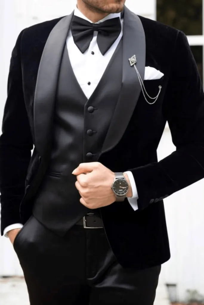 Three Piece Black Velvet Tuxedo Mens Suit for Wedding, Engagement, Prom, Groom wear and Groomsmen Suit