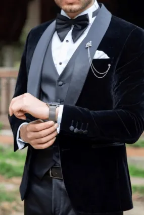 Three Piece Black Velvet Tuxedo Mens Suit for Wedding, Engagement, Prom, Groom wear and Groomsmen Suit