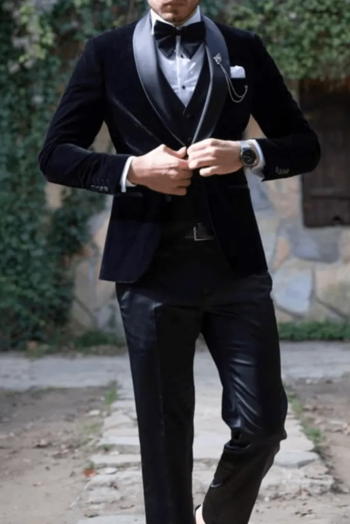 Three Piece Black Velvet Tuxedo Mens Suit for Wedding, Engagement, Prom, Groom wear and Groomsmen Suit