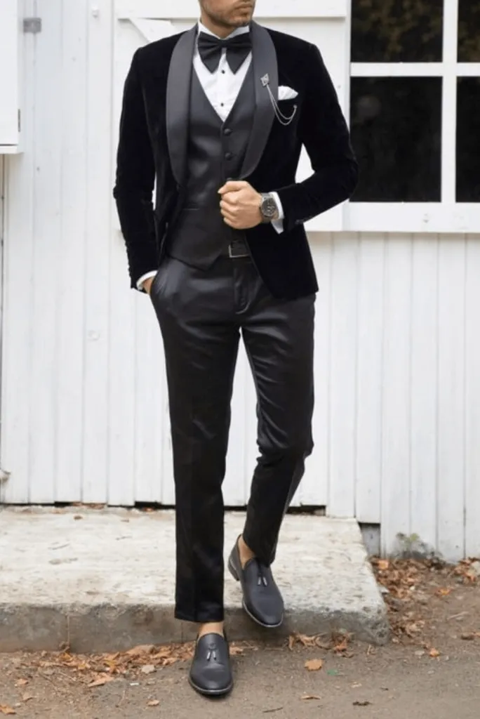Three Piece Black Velvet Tuxedo Mens Suit for Wedding, Engagement, Prom, Groom wear and Groomsmen Suit