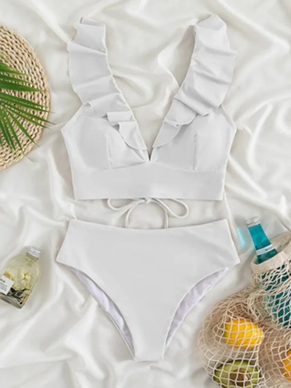 Tropical Wireless Ruffle Top and High Waist Tummy Control Bottoms in a Solid 2-Piece Swimwear