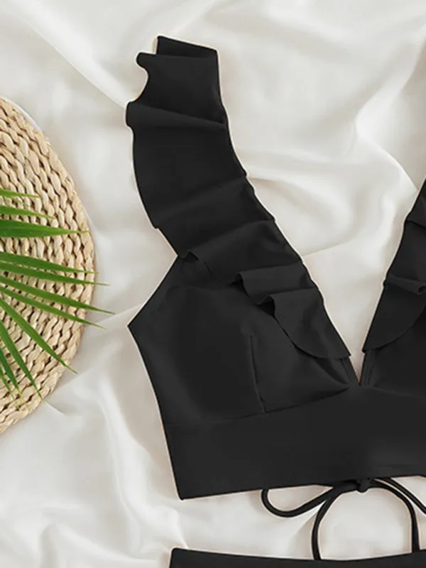 Tropical Wireless Ruffle Top and High Waist Tummy Control Bottoms in a Solid 2-Piece Swimwear