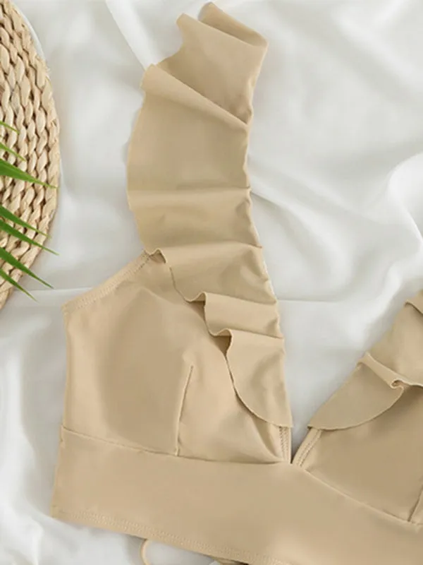 Tropical Wireless Ruffle Top and High Waist Tummy Control Bottoms in a Solid 2-Piece Swimwear