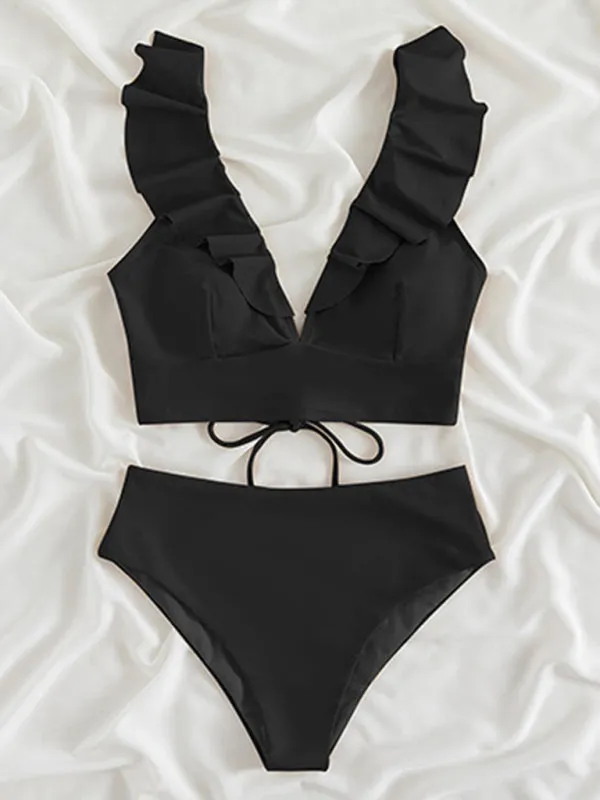 Tropical Wireless Ruffle Top and High Waist Tummy Control Bottoms in a Solid 2-Piece Swimwear