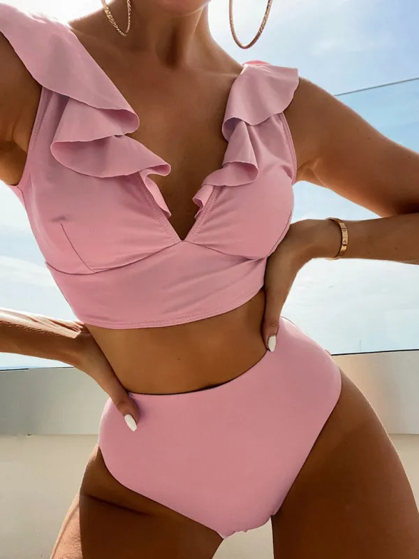 Tropical Wireless Ruffle Top and High Waist Tummy Control Bottoms in a Solid 2-Piece Swimwear
