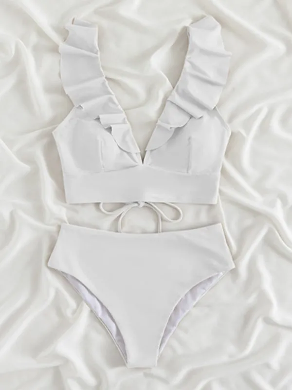 Tropical Wireless Ruffle Top and High Waist Tummy Control Bottoms in a Solid 2-Piece Swimwear
