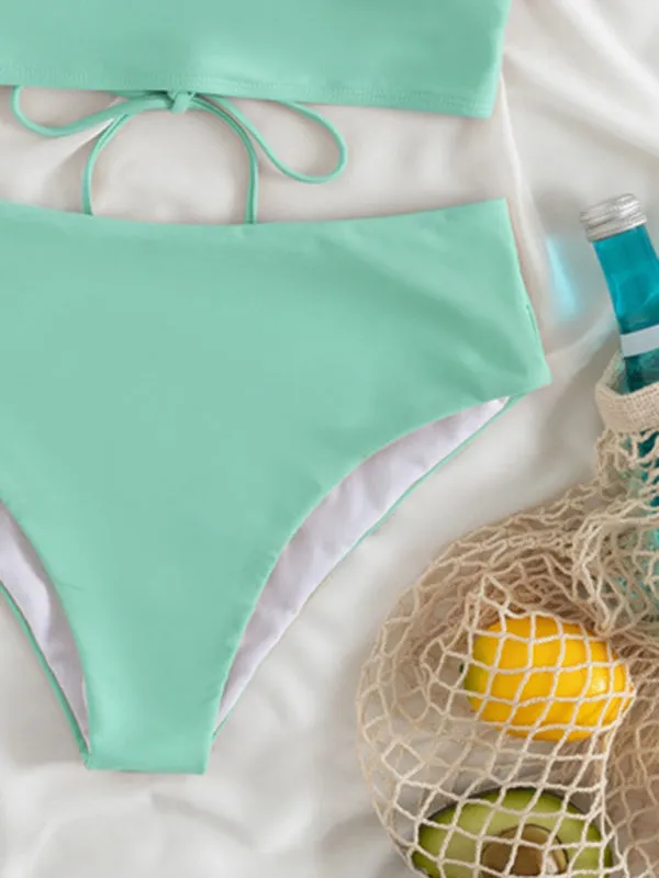 Tropical Wireless Ruffle Top and High Waist Tummy Control Bottoms in a Solid 2-Piece Swimwear