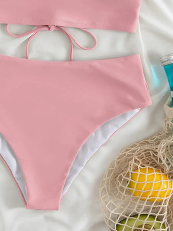 Tropical Wireless Ruffle Top and High Waist Tummy Control Bottoms in a Solid 2-Piece Swimwear