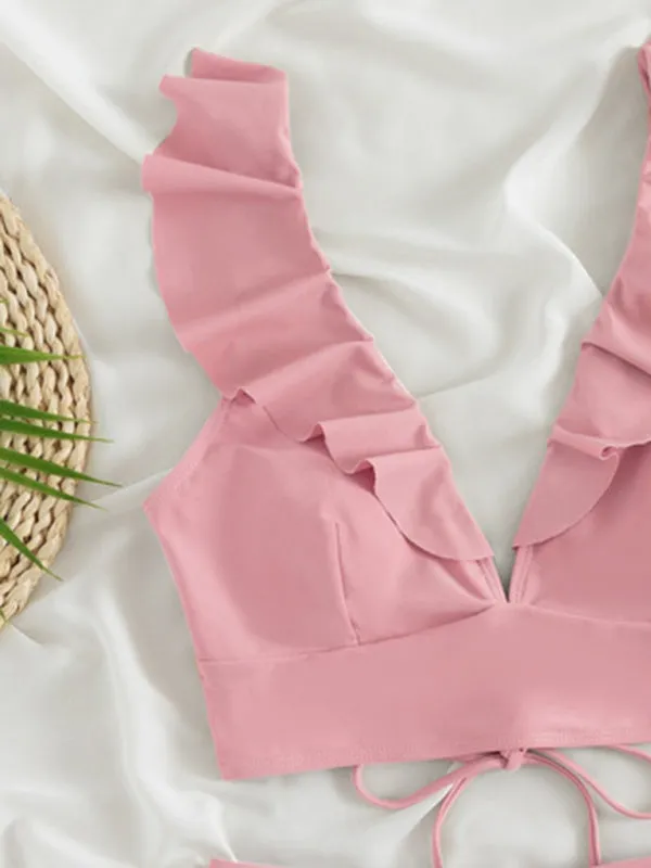 Tropical Wireless Ruffle Top and High Waist Tummy Control Bottoms in a Solid 2-Piece Swimwear