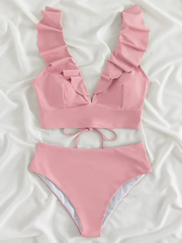 Tropical Wireless Ruffle Top and High Waist Tummy Control Bottoms in a Solid 2-Piece Swimwear