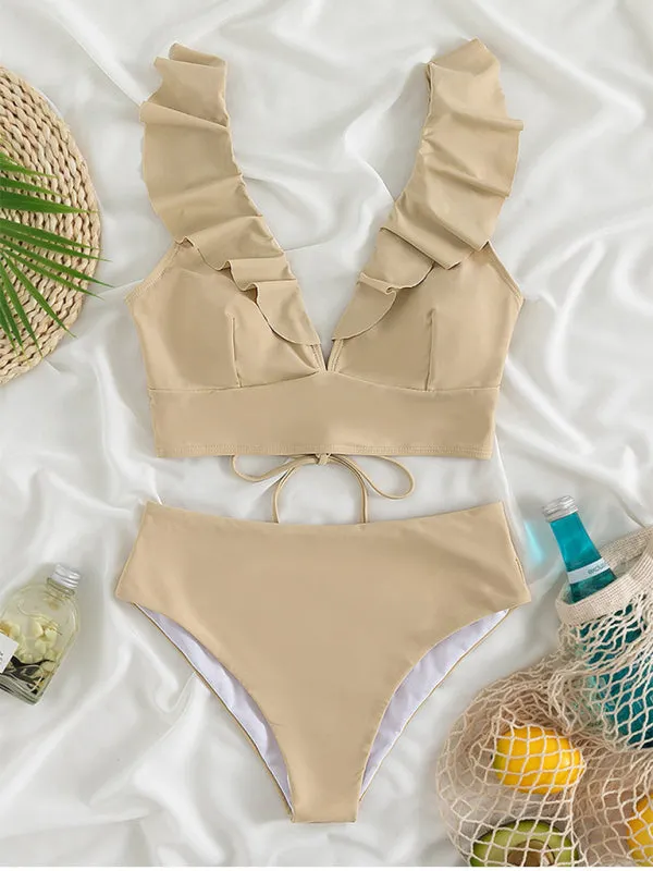 Tropical Wireless Ruffle Top and High Waist Tummy Control Bottoms in a Solid 2-Piece Swimwear