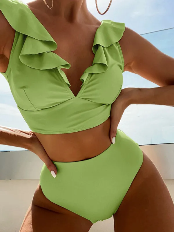 Tropical Wireless Ruffle Top and High Waist Tummy Control Bottoms in a Solid 2-Piece Swimwear