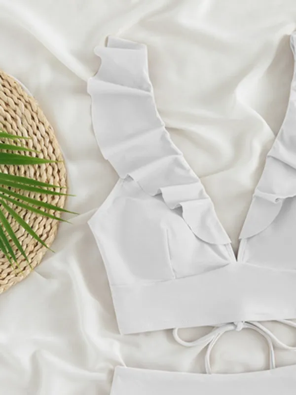 Tropical Wireless Ruffle Top and High Waist Tummy Control Bottoms in a Solid 2-Piece Swimwear
