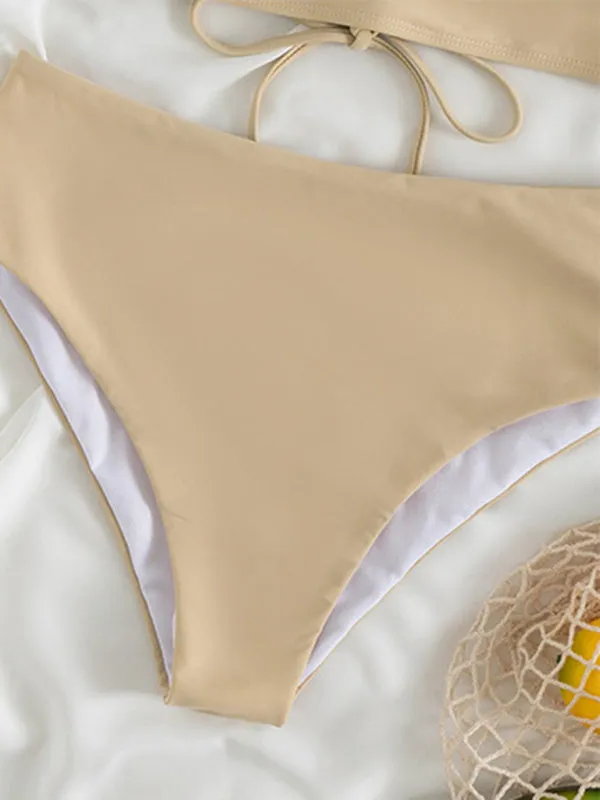 Tropical Wireless Ruffle Top and High Waist Tummy Control Bottoms in a Solid 2-Piece Swimwear