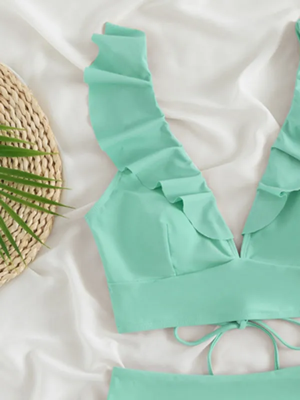 Tropical Wireless Ruffle Top and High Waist Tummy Control Bottoms in a Solid 2-Piece Swimwear
